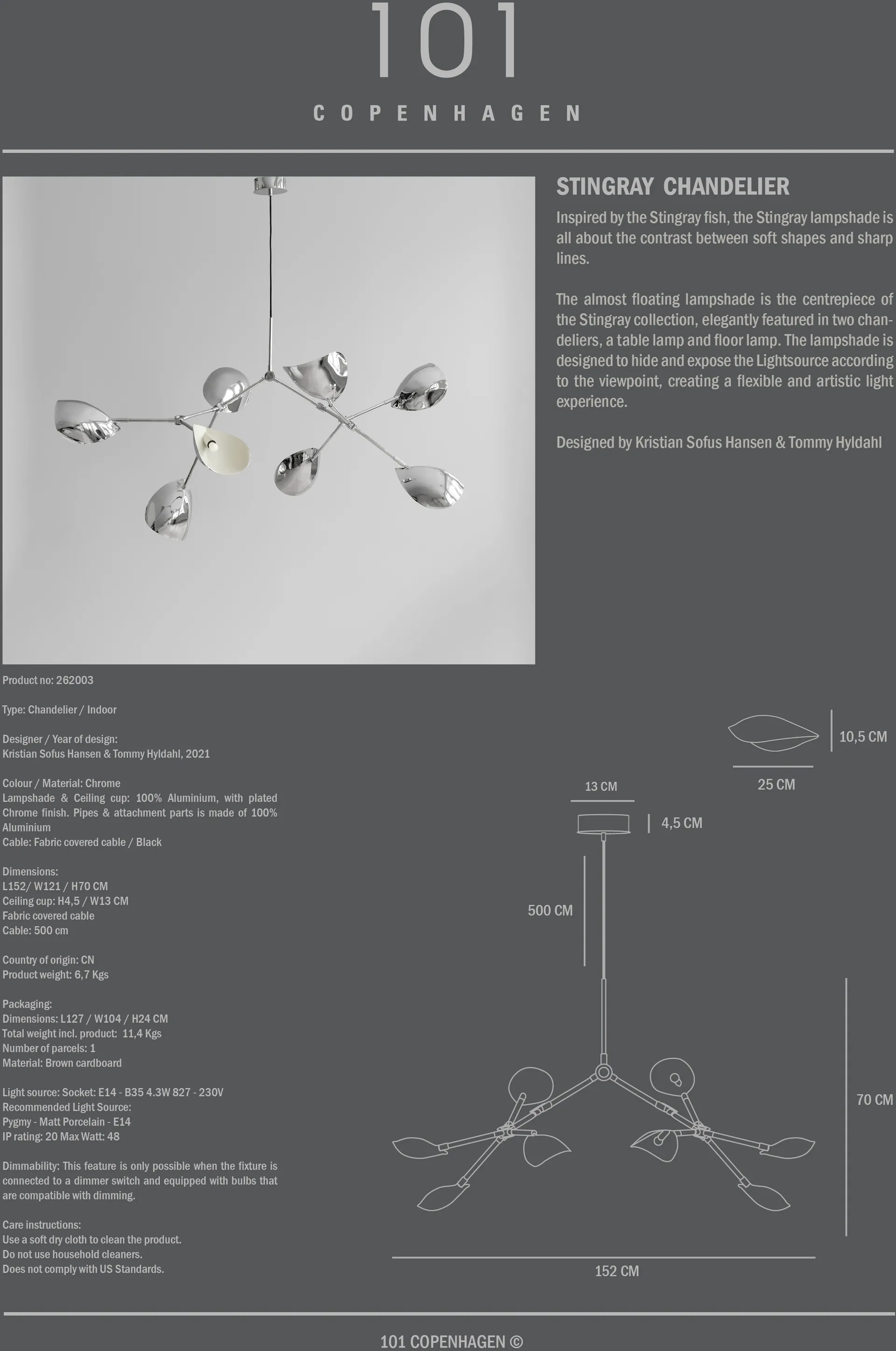 Stingray Chandelier takkrona, Chrome 101 Copenhagen