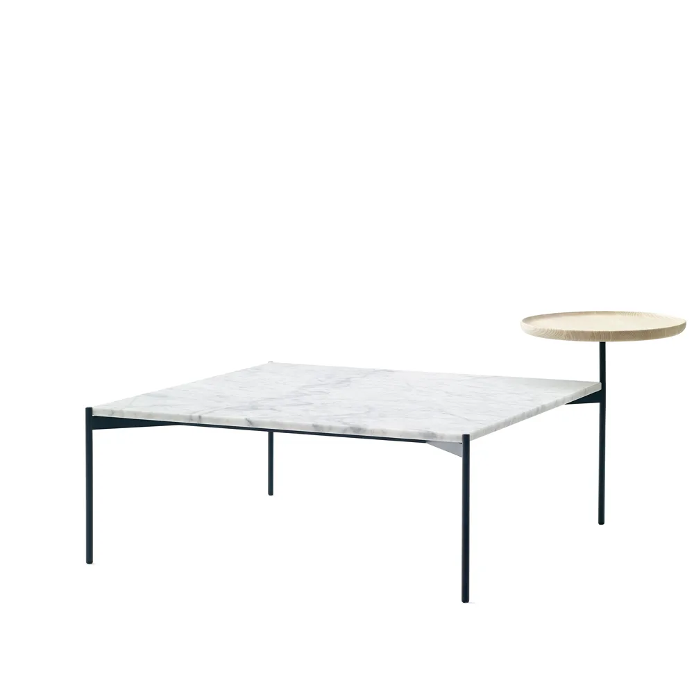 Plateau med bricka soffbord, marmor vit-svart underrede-bricka i ask-90x90 Adea