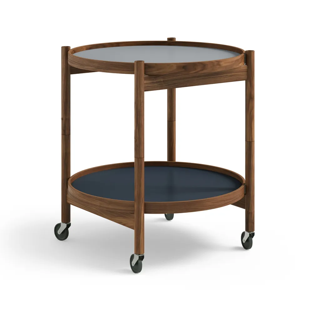 Bølling Tray Table model 50 rullbord, water, oljat valnötsstativ Brdr. Krüger