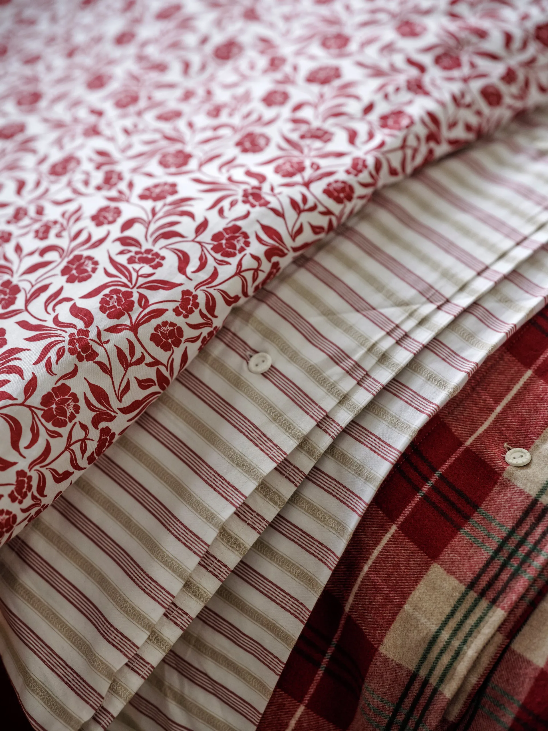 Checked cotton flannel bäddset, Röd-beige-grön-vit Lexington
