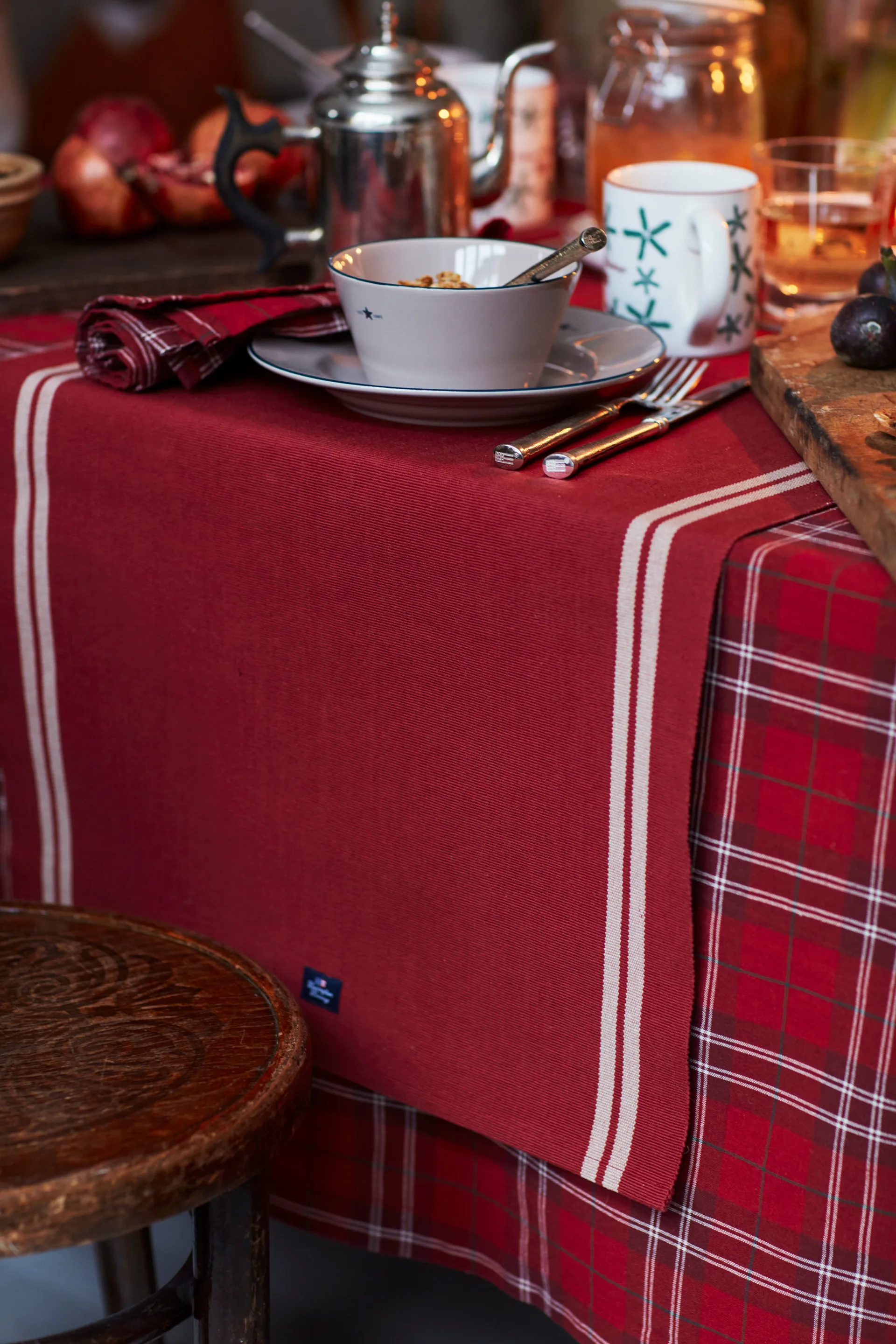 Checked Organic Cotton Oxford bordsduk 180x180 cm, Red-beige-green Lexington