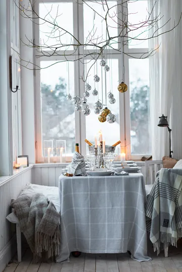 Pepita Check Cotton Linen bordsduk 150x350 cm - White-light gray - Lexington