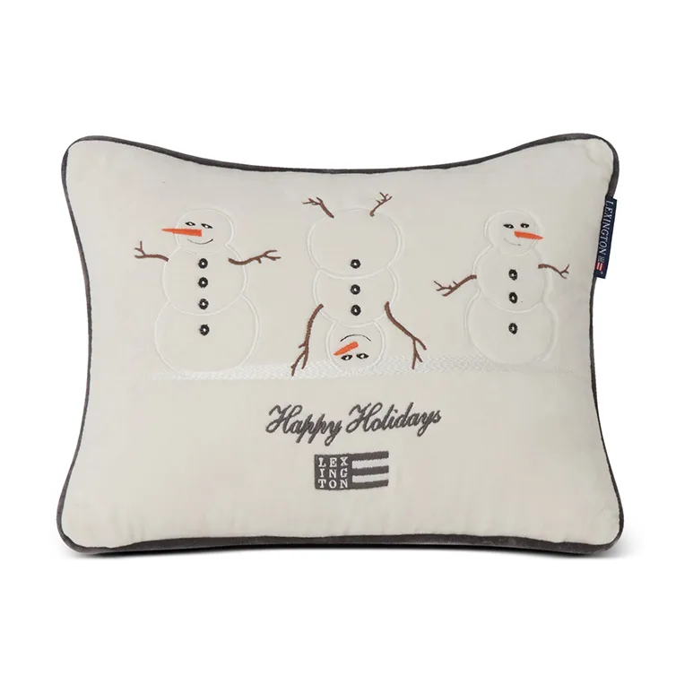 Snowmen Embroidered Cotton Velvet kudde 30x40 cm, White Lexington
