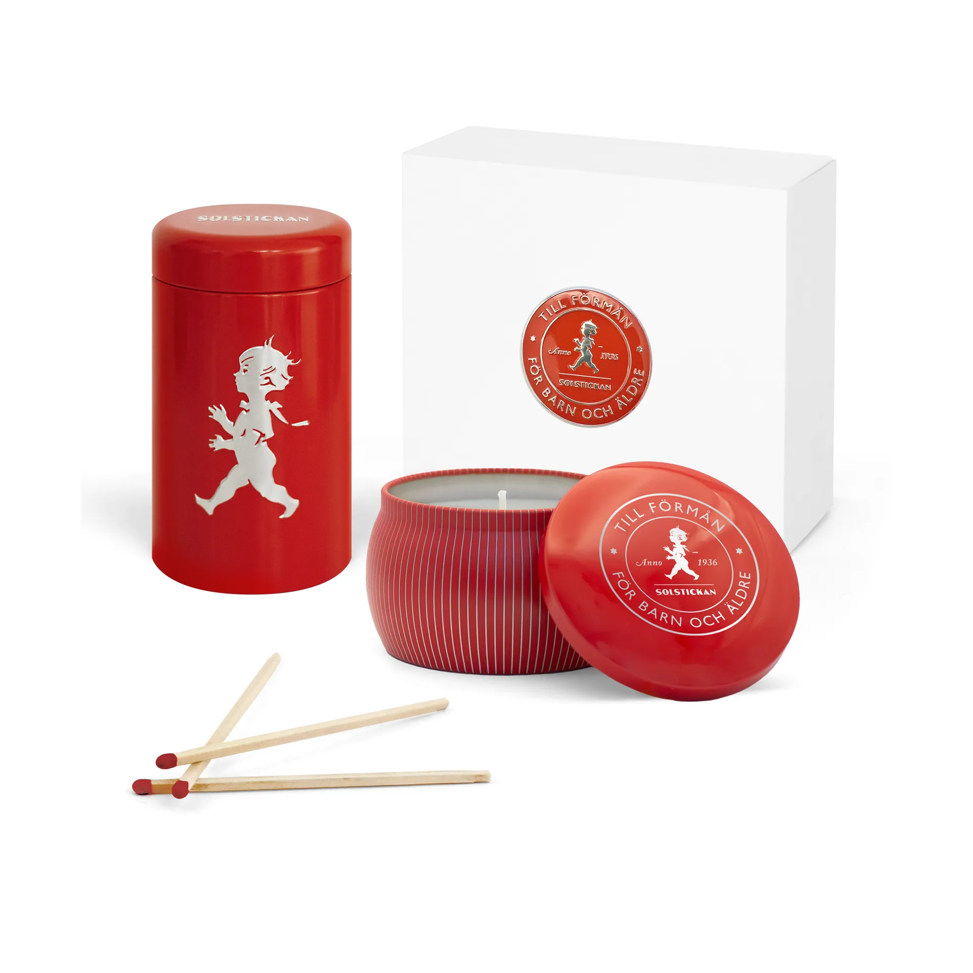 Solstickan presentbox doftljus + tändsticksrör, Röd-doftljus kanel & apelsin Solstickan Design