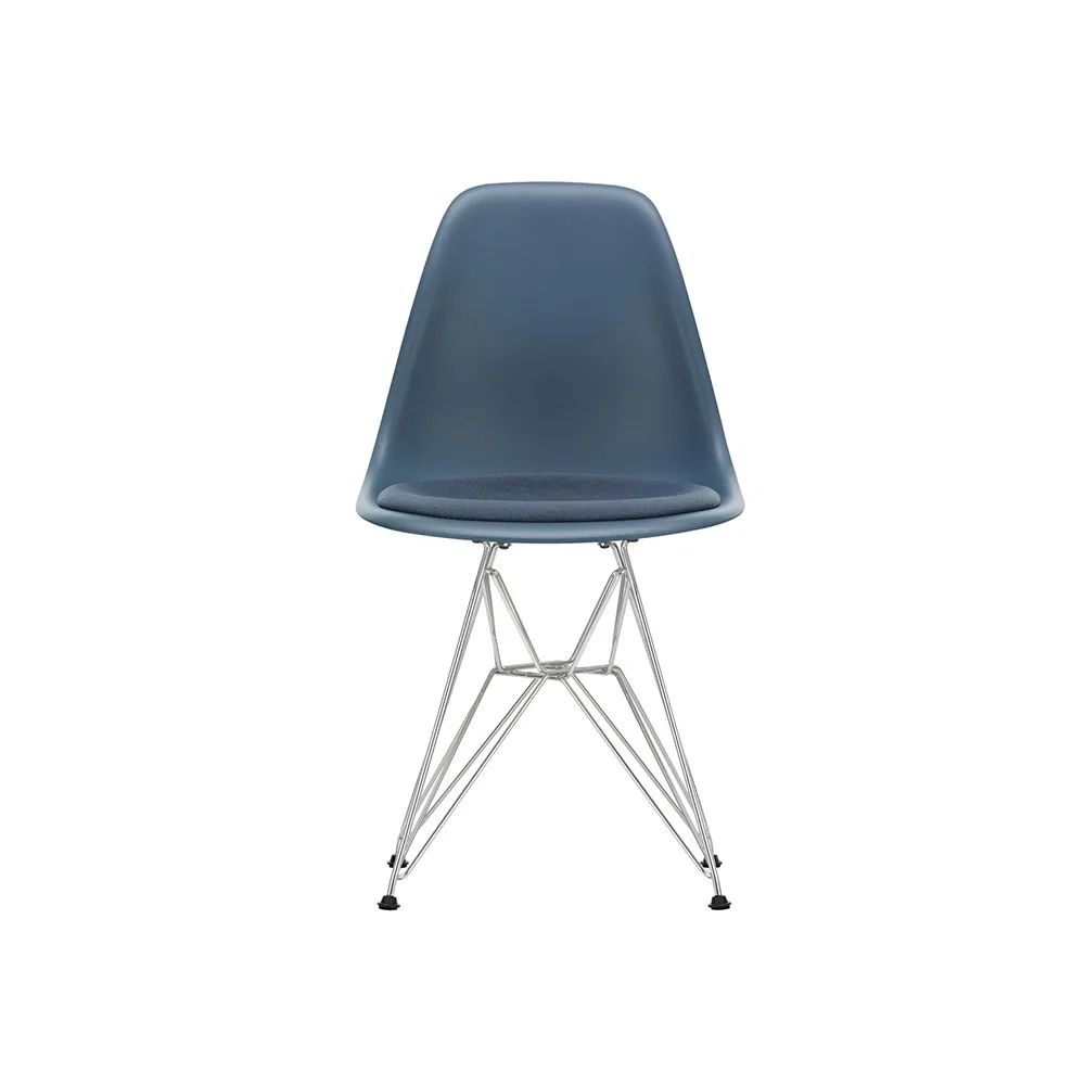 Eames plastic side chair DSR stol klädd sits, Sea blue-Hopsak 22-Chrome Vitra