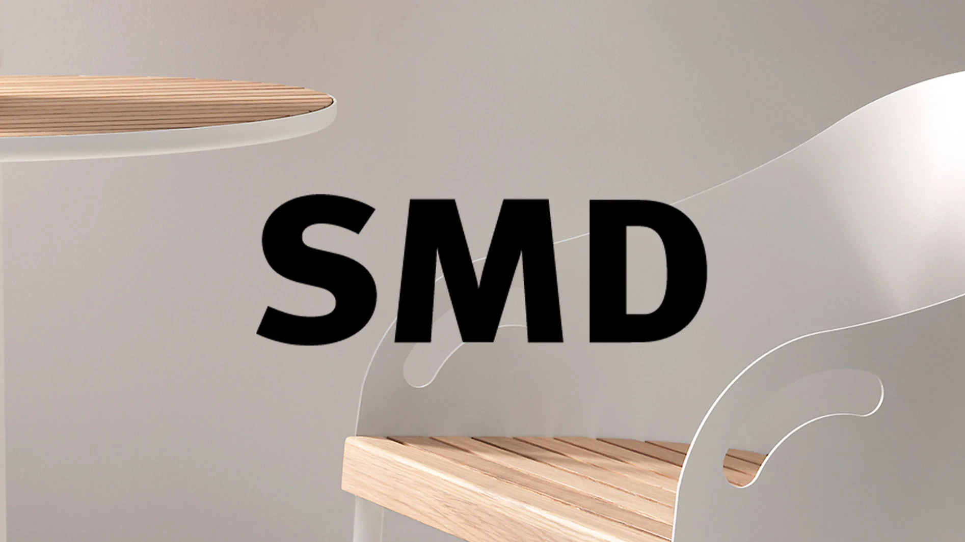 SMD-logotyp över moderna möbler i ljust trä och vit design.