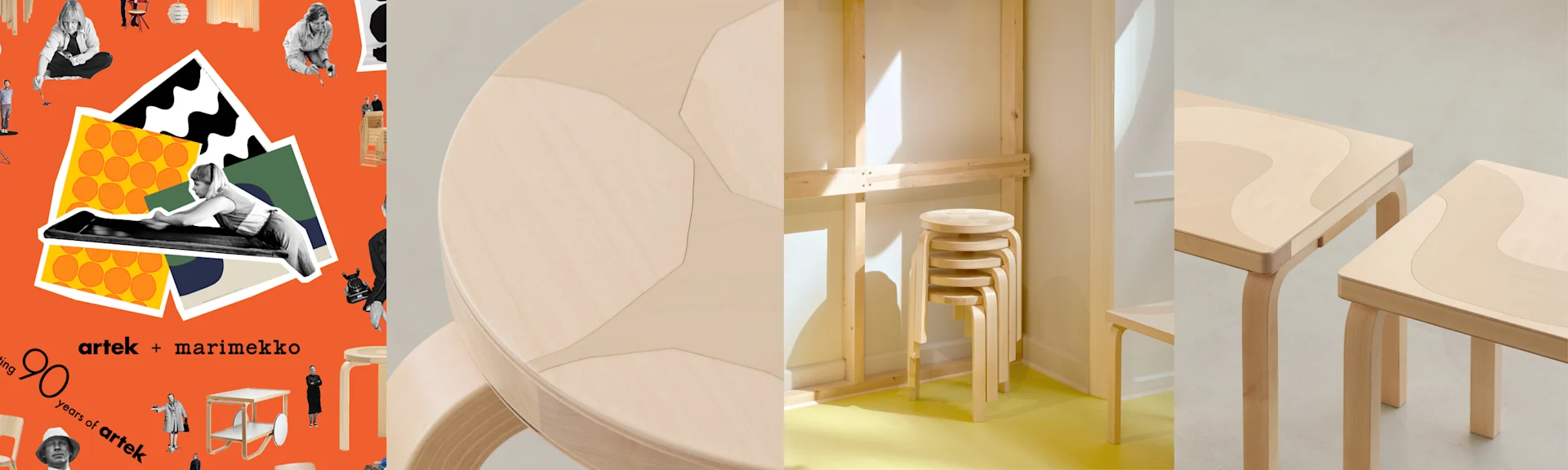 Kollage med designelement på orange bakgrund; ljusa trämöbler: rund bordsskiva, staplade pallar, två rektangulära bord.