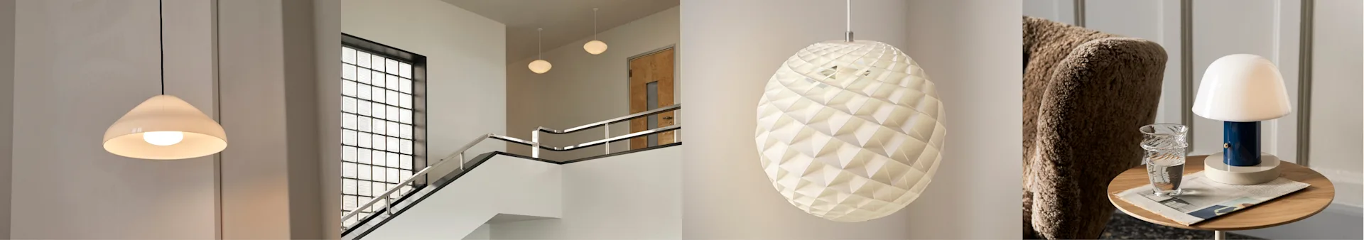 Modern interiörcollage: en vit slät taklampa, en geometrisk taklampa och en vit och blå bordslampa på ett sidobord.